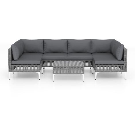 Sedie rattan patio tavolino caffè vetro temperato giardino set mobili esterno 7 pezzi cuscini grigio