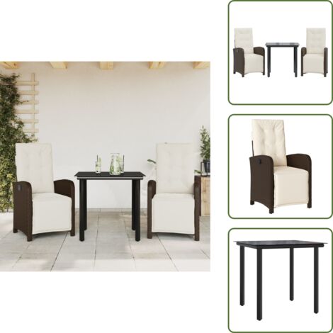 Sedie reclinabili - vidaXL Set Bistrò 3 pz con Cuscini Marrone in Polyrattan - Tavolo in vetro