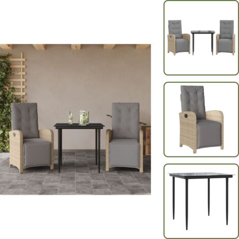 Sedie reclinabili - vidaXL Set da Bistrò 3 pz con Cuscini Beige in Polyrattan - Tavolo in vetro