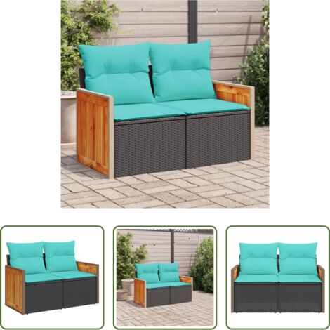 Sedile da esterno -  Divano da giardino con cuscini 2 posti nero in polyrattan