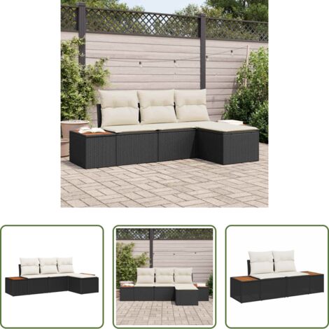Sedile da esterno -  Set Divano da Giardino con cuscino 4 pcs Nero polyrattan