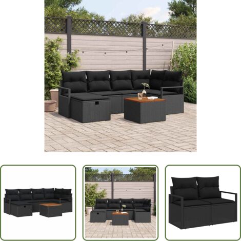 Sedile da esterno -  Set Divano da Giardino con cuscino 7 pcs Nero Poly Rattan