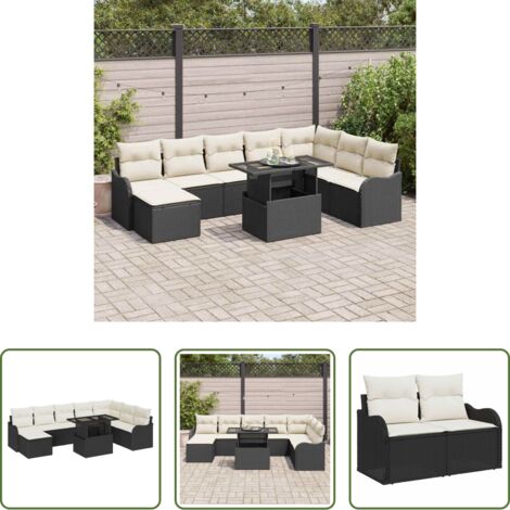 Sedile da esterno -  Set Divano da Giardino con cuscino 9 pcs Nero Poly Rattan