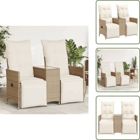 Sedile da giardino - vidaXL Divano Giardino Reclinabile 2 Posti Tavolino Beige Polyrattan - Cuscini da giardino