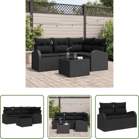 Sedile da terrazza -  Set Divano da Giardino con cuscino 5 pcs Nero polyrattan
