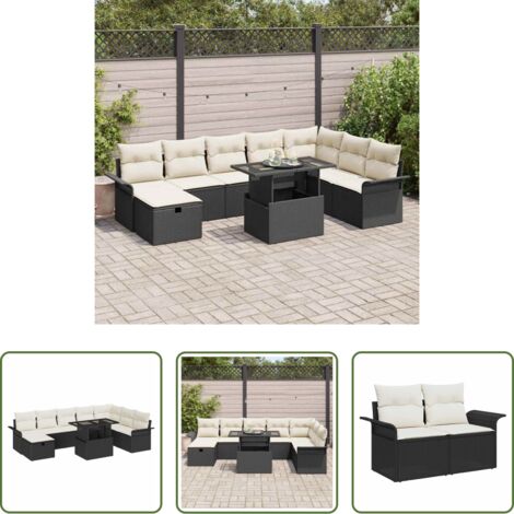 Sedile esterno -  Set Divano da Giardino con cuscino 9 pcs Nero Poly Rattan