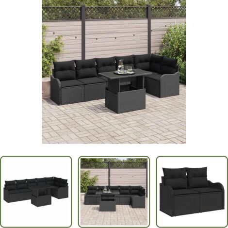 Seduta angolare -  Set di divani con cuscino 7 pcs Nero Poly Rattan