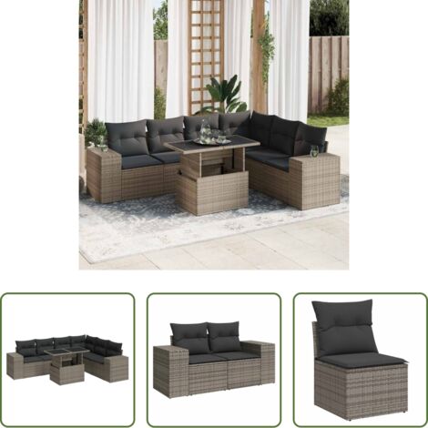 Seduta angolare -  Set Divani da Giardino 7 pz con Cuscini Grigio in Polyrattan