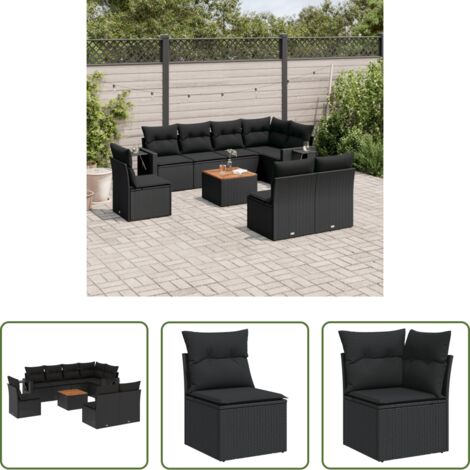 Seduta angolare -  Set Divani da Giardino 9 pz con Cuscini Nero in Polyrattan
