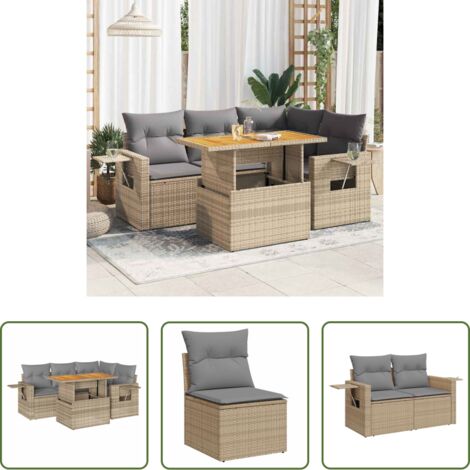 Seduta angolare -  Set Divano da Giardino 5 pz con Cuscini Beige in Polyrattan
