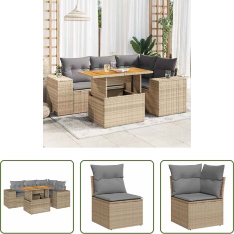 Seduta angolare -  Set Divano da Giardino 5 pz con Cuscini Beige in Polyrattan