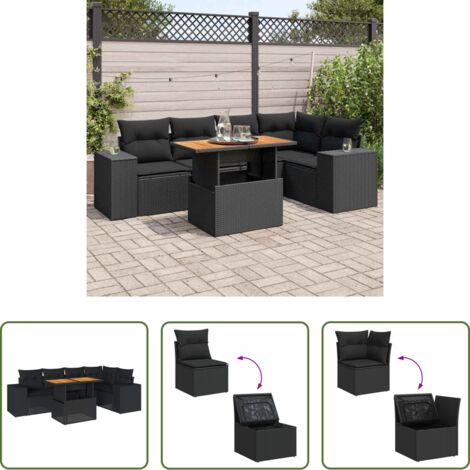 Seduta angolare -  Set Divano da Giardino 6 pz con Cuscini Nero in Polyrattan