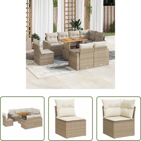Seduta angolare -  Set Divano da Giardino 9 pz con Cuscini Beige in Polyrattan