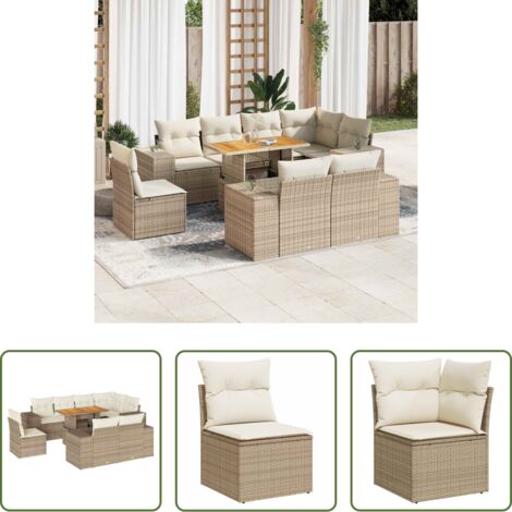 Seduta angolare -  Set Divano da Giardino 9 pz con Cuscini Beige in Polyrattan