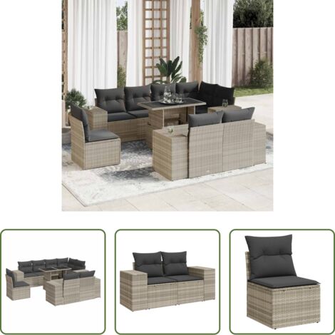 Seduta angolare -  Set Divano da Giardino 9pz con Cuscini Grigio Chiaro Polyrattan
