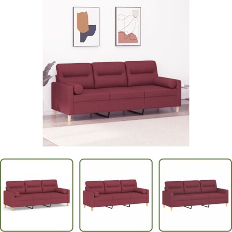 Seduta comoda -  Divano a 3 Posti con Cuscini Rosso Vino 180 cm in Tessuto