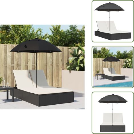 Seduta confortevole - vidaXL Lettino Prendisole Doppio Cuscini e Parasole Nero in Polyrattan - Cuscini sfoderabili