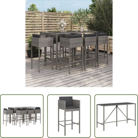 Seduta da bar -  Set Bar da Giardino 9 pz con Cuscini in Polyrattan Grigio