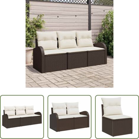 Seduta da esterno -  Set Divano da Giardino 3 pcs Marrone e bianco Poly Rattan