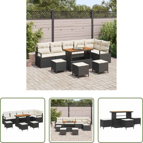Seduta da esterno -  Set Divano da Giardino con cuscino 10 pcs Nero Poly Rattan