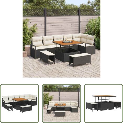 Seduta da esterno -  Set Divano da Giardino con cuscino 9 pcs Nero Poly Rattan