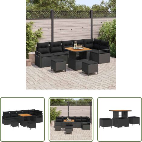 Seduta da esterno -  Set Divano da Giardino con cuscino 9 pcs Nero Poly Rattan