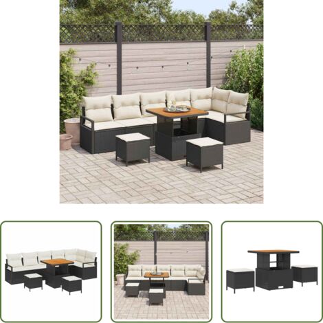 Seduta da esterno -  Set Divano da Giardino con cuscino 9 pcs Nero Poly Rattan