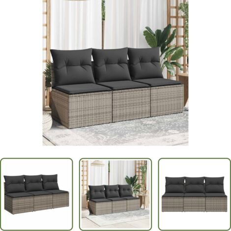 Seduta da giardino -  Divano da Giardino con Cuscini 3 Posti Grigio in Polyrattan