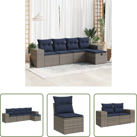Seduta da giardino -  Set Divano da Giardino 5 pz con Cuscini Grigio in Polyrattan