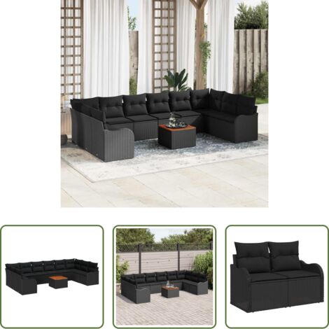 Seduta da giardino -  Set Divano da Giardino con cuscino 11 pcs Nero polyrattan