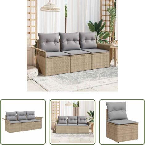 Seduta da giardino -  Set Divano da Giardino con cuscino 3 pcs Beige Poly Rattan
