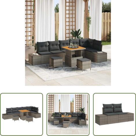 Seduta da giardino -  Set Divano da Giardino con cuscino 9 pcs Grigio Poly Rattan