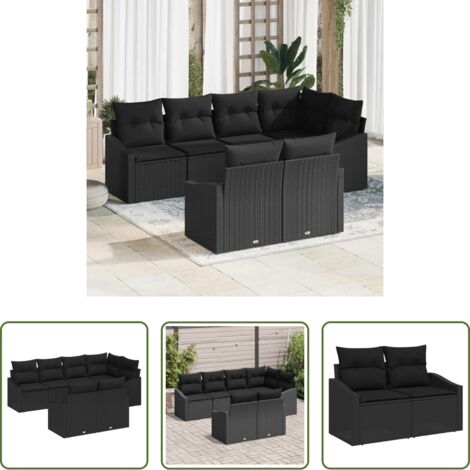 Seduta da terrazza -  Set di divani con cuscino 7 pcs Nero polyrattan
