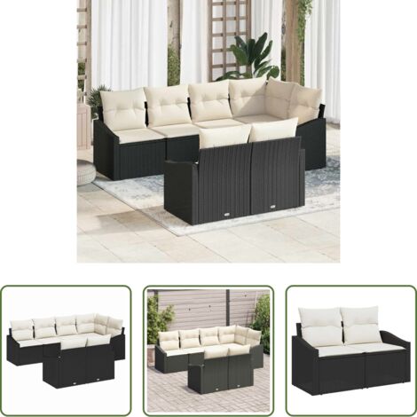 Seduta da terrazza -  Set di divani con cuscino 7 pcs Nero polyrattan