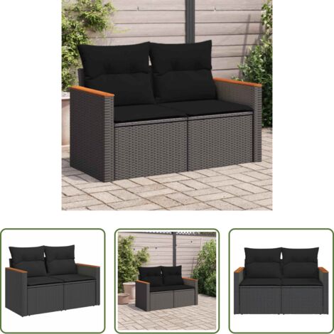 Seduta esterna -  Divano da giardino con cuscini 2 posti nero in polyrattan
