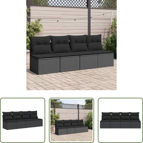Seduta esterna -  Divano da giardino con cuscini 4 posti nero in polyrattan