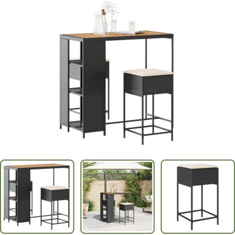 Seduta esterna -  Set Bar da Giardino 3 pz con Cuscini in Polyrattan Nero