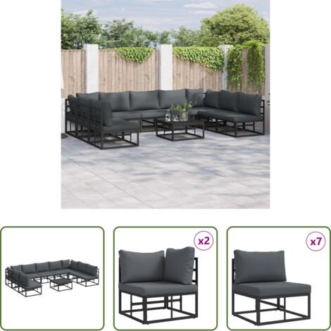 Seduta esterna -  Set Divano da Giardino con cuscino 10 pcs Nero Alluminio