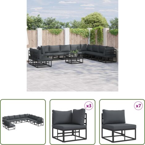 Seduta esterna -  Set Divano da Giardino con cuscino 10 pcs Nero Alluminio