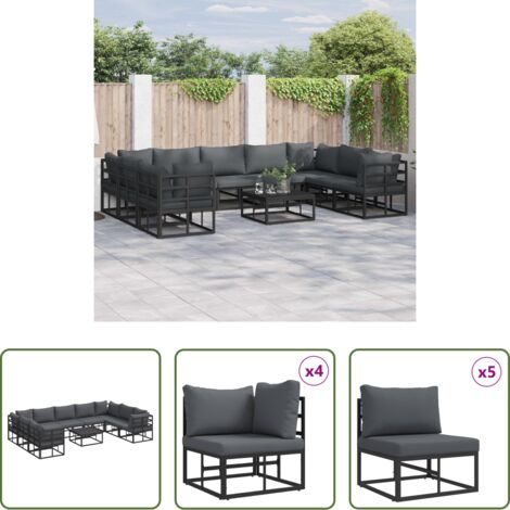 Seduta esterna -  Set Divano da Giardino con cuscino 10 pcs Nero Alluminio