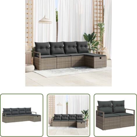Seduta esterna -  Set Divano da Giardino con cuscino 5 pcs Grigio Poly Rattan
