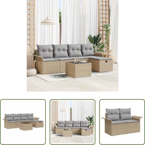 Seduta esterna -  Set Divano da Giardino con cuscino 6 pcs Beige Poly Rattan