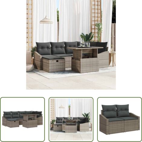 Seduta esterna -  Set Divano da Giardino con cuscino 7 pcs Grigio Poly Rattan