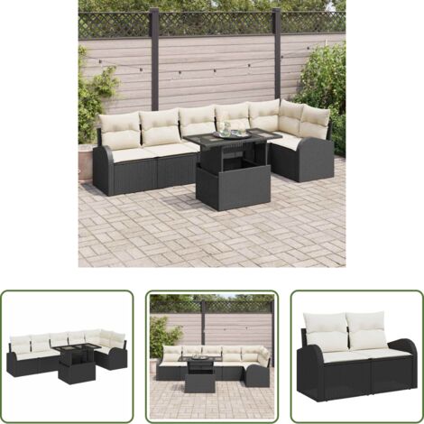 Seduta esterna -  Set Divano da Giardino con cuscino 7 pcs Nero Poly Rattan