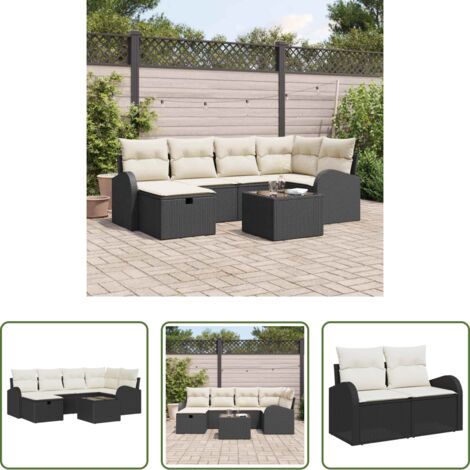 Seduta esterna -  Set Divano da Giardino con cuscino 7 pcs Nero Poly Rattan