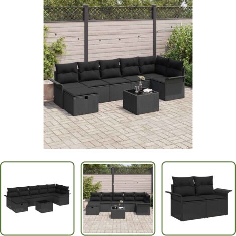 Seduta esterna -  Set Divano da Giardino con cuscino 8 pcs Nero Poly Rattan