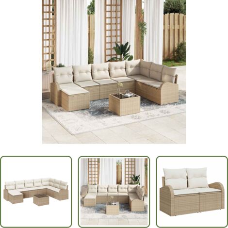 Seduta esterna -  Set Divano da Giardino con cuscino 9 pcs Beige Poly Rattan