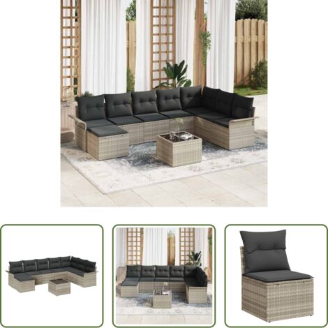 Seduta esterna -  Set Divano da Giardino con cuscino 9 pcs Grigio Poly Rattan
