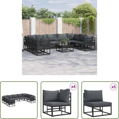 Seduta esterna -  Set Divano da Giardino con cuscino 9 pcs Nero Alluminio