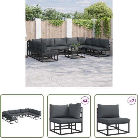 Seduta esterna -  Set Divano da Giardino con cuscino 9 pcs Nero Alluminio